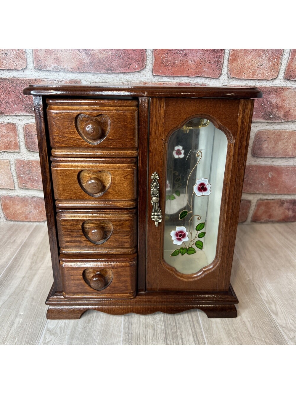 Vintage VTG  Dresser Top Jewelry Armoire box; Floral Glass Door EUC